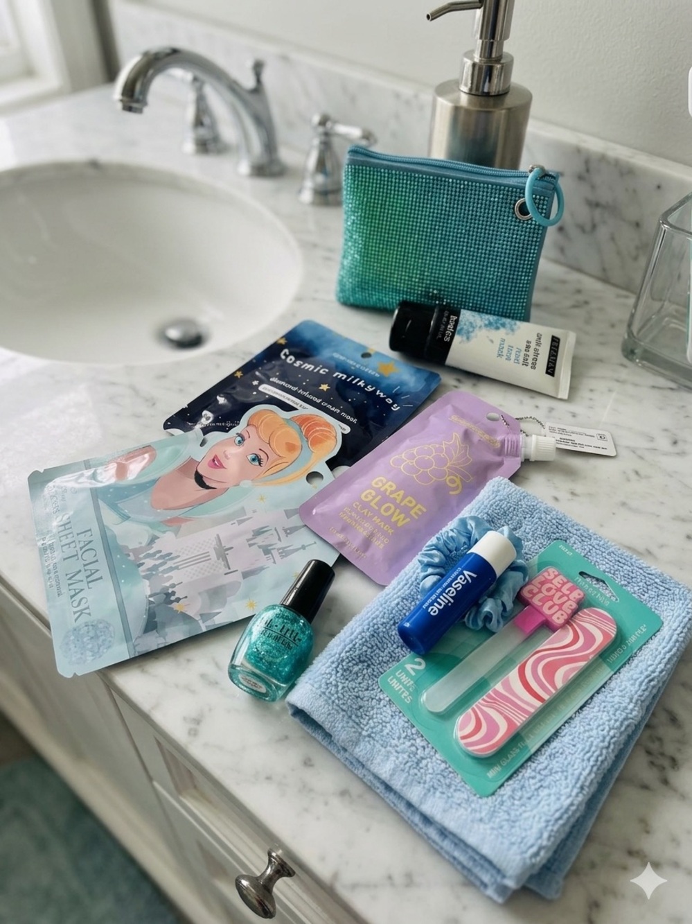 Blue Teal Cosmetic Pouch with nail polish bagcharm and self care items!!!! New